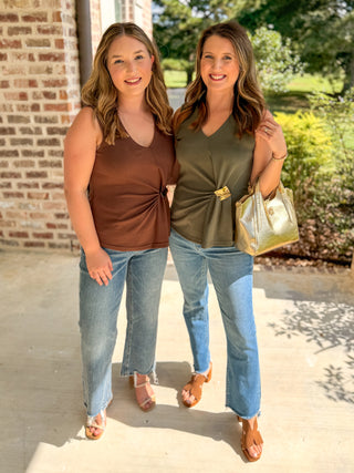 Brown Gathered & Gold V-Neck Top