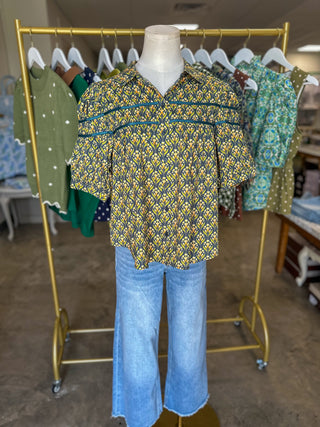 Teal Green Botanical Charm Pleated Detail Short Sleeve Blouse