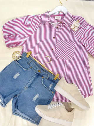 Style Everyday Off White/Magenta Striped Puff Sleeve Blouse