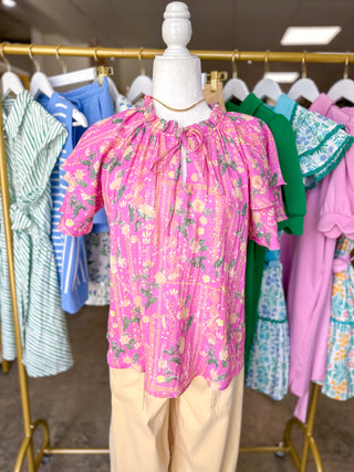 Pink Citrus Spritz Short Ruffled Sleeve Top