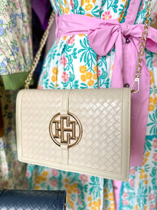 Woven Almond Cecillia Circle Logo Handbag | Caroline Hill