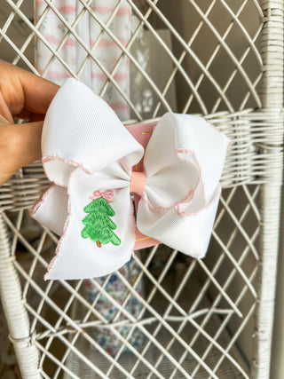 Pink Christmas Tree Embroidered Hair Bow