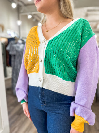 Mardi Gras Sequin Sweater Cardigan