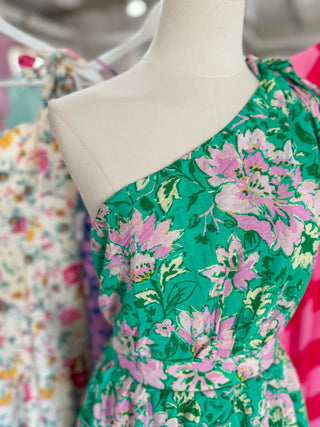Green/Pink Pretty in Paradise Floral One Shoulder Midi Dress