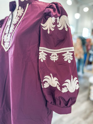 The Burgundy Ever After Embroidered Mini Dress