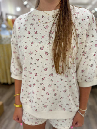 Ivory Floral Forevermore Crew Neck & Shorts Set
