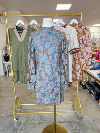 Blue/Bronze Vintage Lace Charm Mini Dress