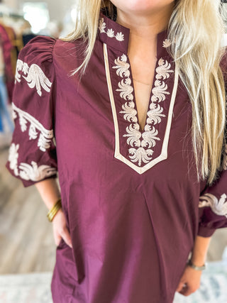 The Burgundy Ever After Embroidered Mini Dress