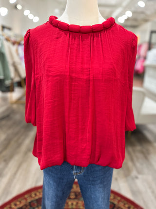 DOORBUSTER: Crimson Red Round Neck Accent Billowy Blouse
