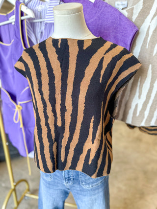 Black & Brown Tiger Stripe Boxy Mock Neck Sweater Top