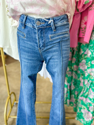 Dark Wash Inspiring Mid Rise Front Welt Pocket & Pintuck Flare Denim Jeans