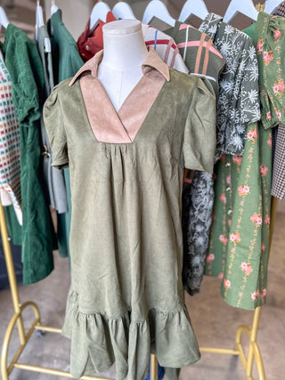 Olive Vinyard Stroll Ruffle Suede Mini Dress