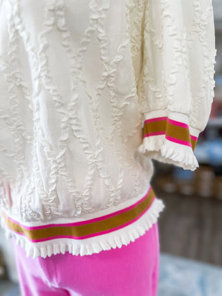 Off White Diamond Puff Sleeve Textured Ruffle Band Top