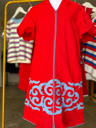 Red & Blue Charleston Charm Embroidered Zip Mini Dress