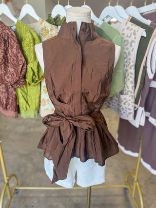 Brown Tailored to Simplicity Tie Waist Sleeveless Top