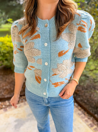 Blue Taupe Petal & Knit Short Sleeve Cardigan