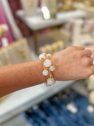 White Beaded W/ Gold Bar Set of 3 Stretch Bracelets