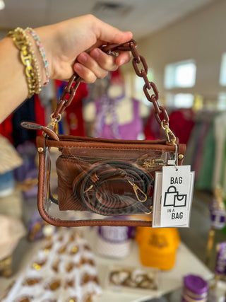 Brown Jessica Stadium Clear Crossbody Bag w/ Chain Accent