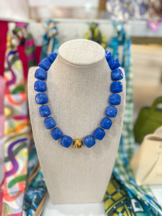 Dark Blue Marble Squared Beaded Necklace