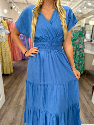 Blue Smocked Waist Tiered Maxi Dress