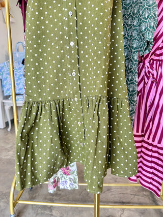 Olive Polished Polka Dots Tie Neck Mini Dress