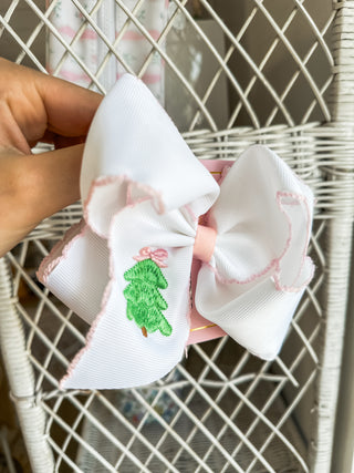 Pink Christmas Tree Embroidered Hair Bow