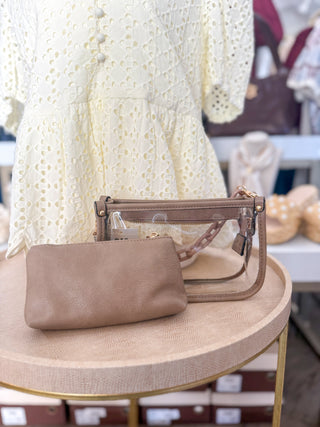 Taupe Jessica Stadium Clear Crossbody Bag w/ Chain Accent