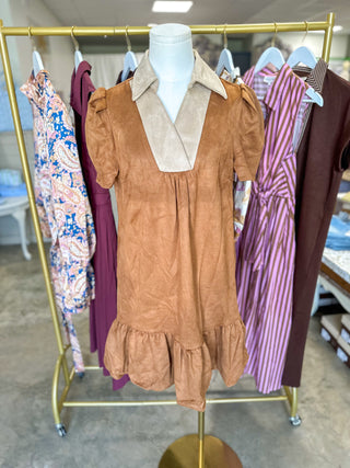 Camel Vinyard Stroll Ruffle Suede Mini Dress