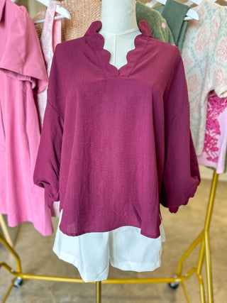 Plum Green Autumn Elegance Scallop Trim Top