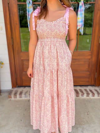 Pink & Cream Dainty Vintage Ribbon Shoulder Tiered Maxi Dress