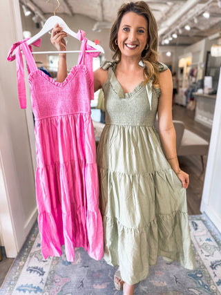 Candy Pink Serenade Sweetheart Neck Tie Strap Smocked Tiered Maxi Dress
