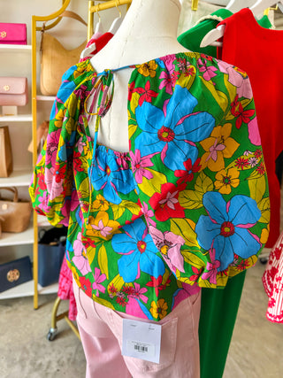 Retro Colorful Floral Gathered Top