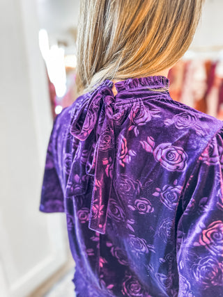 Purple Fall Floral Pleated & Smocked Velvet Top