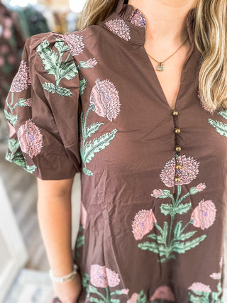 Brown Amber Bloom Garden Mini Dress