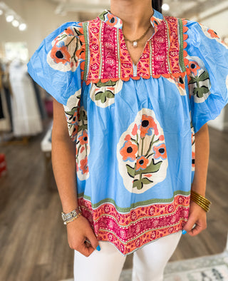Blue Fiesta Bloom Puff Sleeve Top