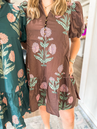 Brown Amber Bloom Garden Mini Dress