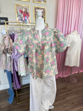 Sage & Pink Floral Jacquard Babydoll Bubble Sleeve Top