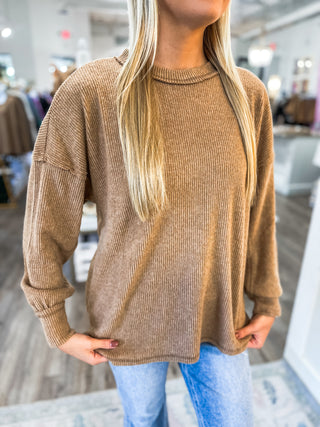 DOORBUSTER: Deep Camel Brushed Ribbed Drop Shoulder Long Sleeve Top