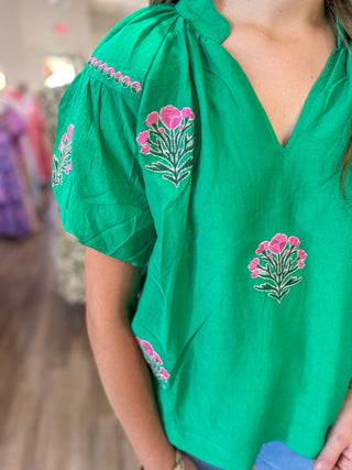 Kelly Green Cottage Bloom Embroidered Bubble Sleeve Blouse