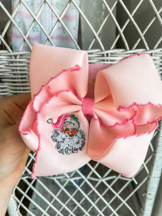 Pink Santa Embroidered Hair Bow