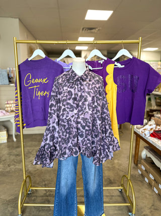 Painted in Purple Tie Neck Blouse