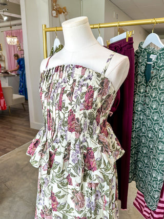 Vintage Violet Garden Pleated Midi Dress