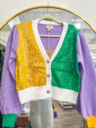 Mardi Gras Sequin Sweater Cardigan