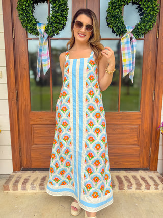 Blue Petal Crush & Stripes Midi Dress