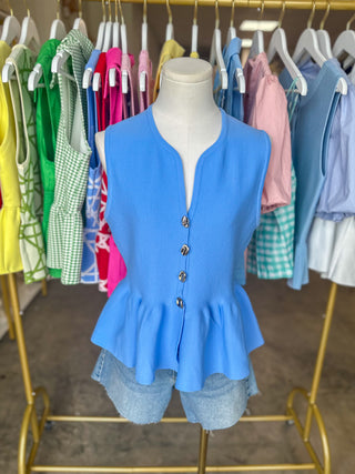 The Blue Polished Peplum Silver Button Top