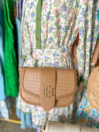 Woven Tan Griffin Crossbody Bag | Caroline Hill