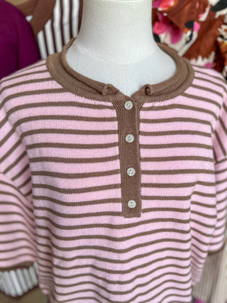 Chocolate Strawberry Striped Short Sleeve Henley Knit Top