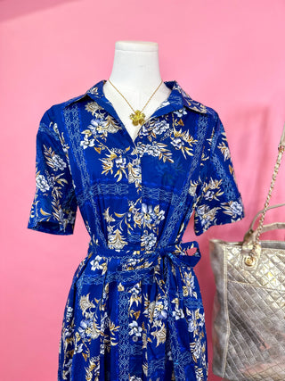 Charming In Blue Floral Tie Waist Midi Dress