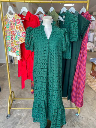 Hunter Green Sweet Eyelet Moments Midi Dress