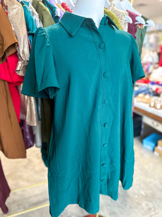 Hunter Green Charm Button Down Collared Mini Dress